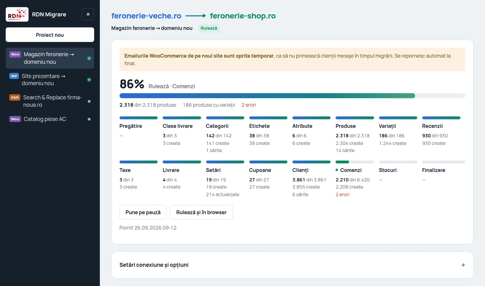 WooCommerce migration in progress: stages, progress and log