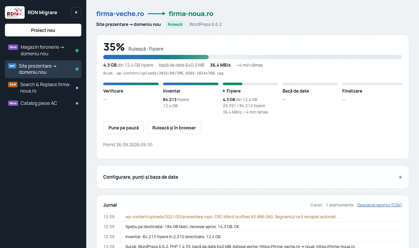 Full WordPress site move: files transferred, speed and time left
